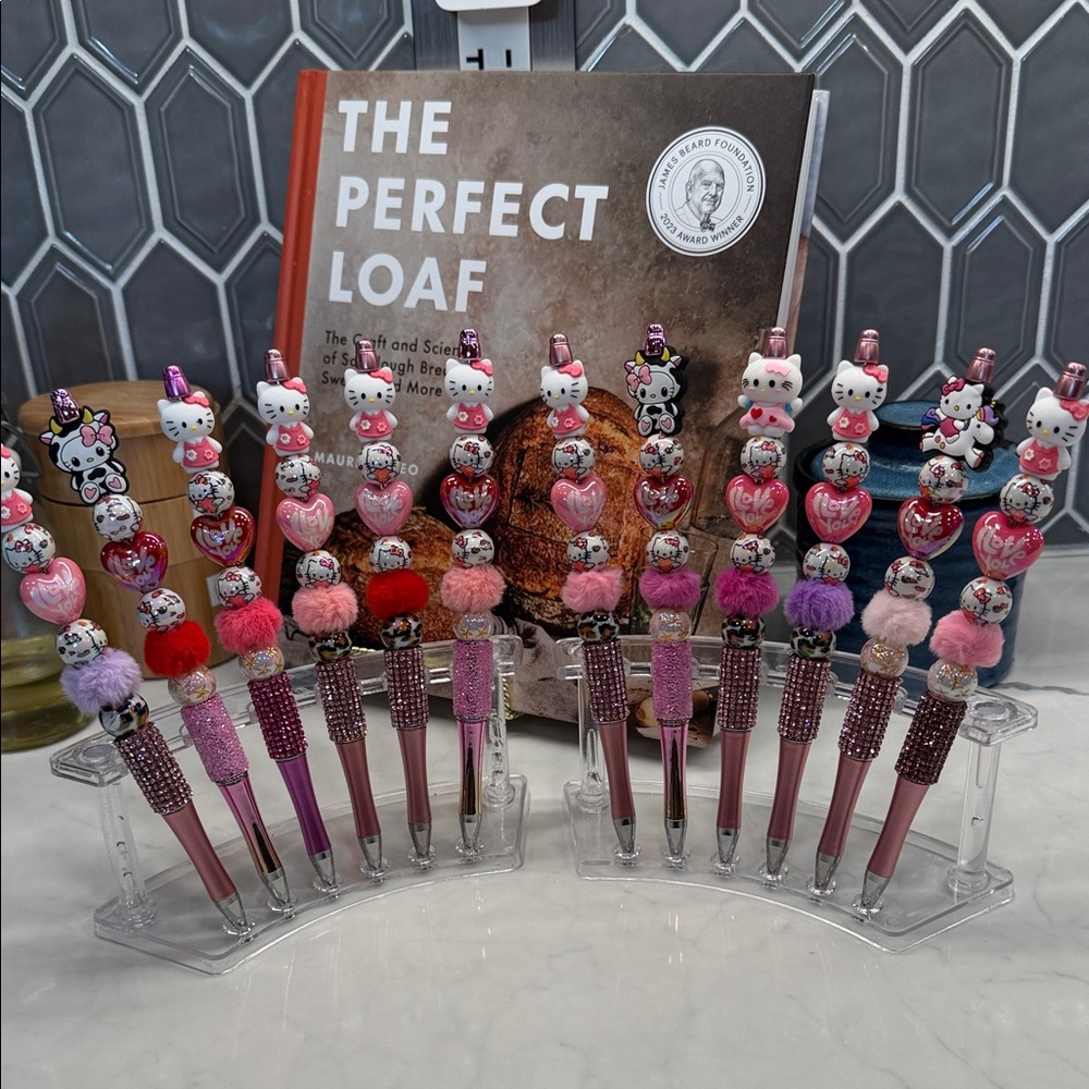 Hand Crafted Pink Hello Kitty Beaded Pom-Pom Pens